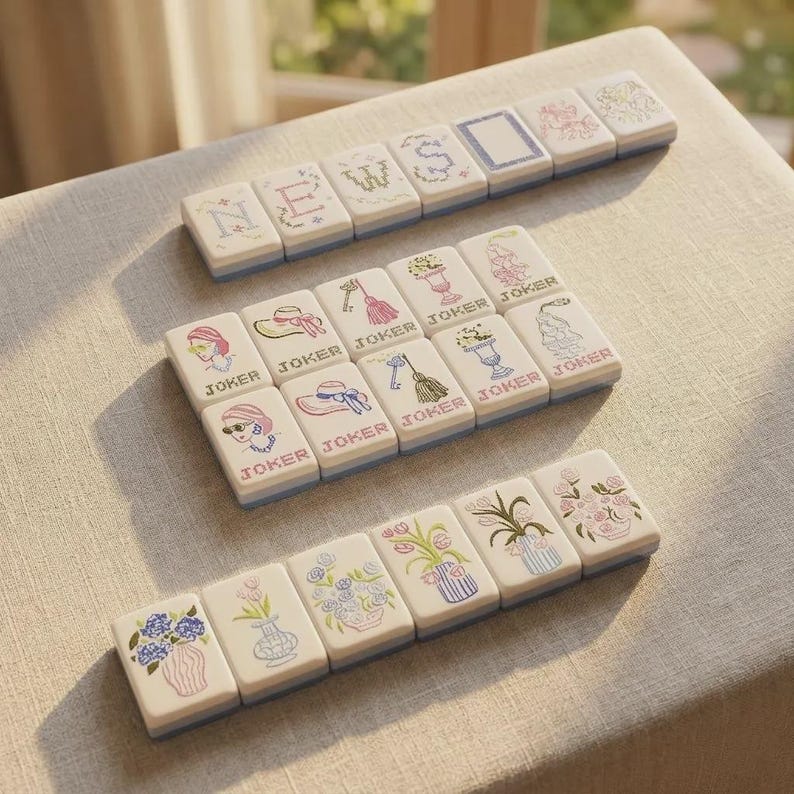 May include: A set of rectangular mahjong tiles with off-white surfaces featuring embroidered-style designs. The tiles display letters spelling NEWS, various Joker cards with illustrations of hats and vases, and floral arrangements in blue, pink, and green.
