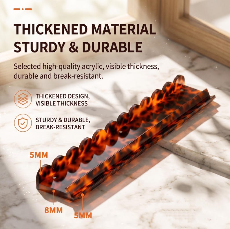 Pode incluir: Um suporte de exibi&ccedil;&atilde;o retangular de acr&iacute;lico com um padr&atilde;o de casco de tartaruga marrom e preto. O suporte apresenta uma borda recortada e est&aacute; rotulado com texto incluindo THICKENED MATERIAL, STURDY & DURABLE, e medidas de 5mm e 8mm.