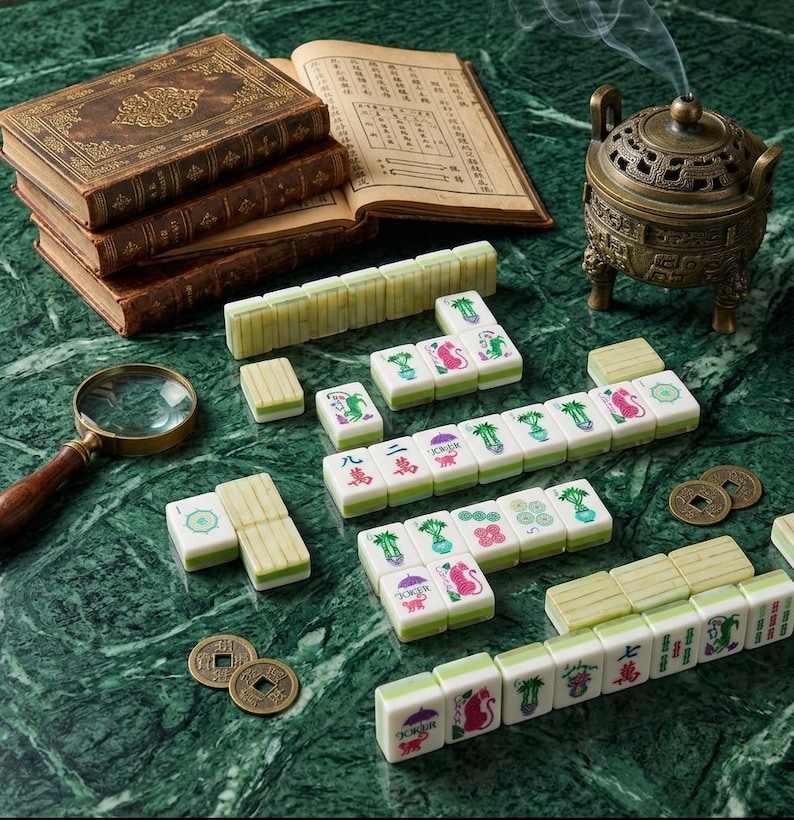 May include: A set of ivory-colored mahjong tiles with green backs and colorful character, bamboo, and joker designs. The tiles are arranged alongside three stacked antique books, a brass magnifying glass, two bronze coins, and a metal incense burner.