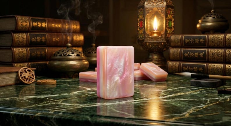 Puede incluir: Un bloque rectangular con un acabado jaspeado en rosa y blanco nacarado se mantiene en posici&oacute;n vertical. La superficie tiene una textura lisa y brillante con sutiles remolinos de color en todo el material, creando un aspecto reflectante en la cara frontal.