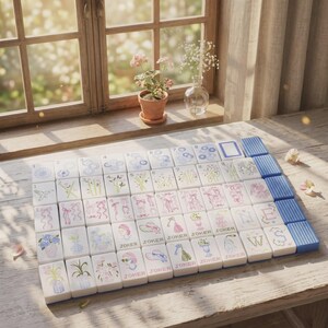 May include: A set of rectangular mahjong tiles arranged in a grid on a wooden surface. The white tiles feature various colorful illustrations including flowers, ribbons, hats, and the word JOKER, with some tiles displaying blue striped backs.