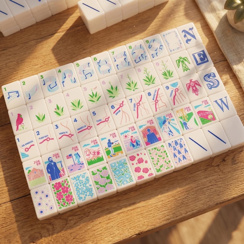 May include: A set of white rectangular mahjong tiles featuring colorful illustrations of musical notes, plants, city names like Los Angeles and Santa Fe, and various scenes including a baseball player and an astronaut, with directional letters N, E, S, W.