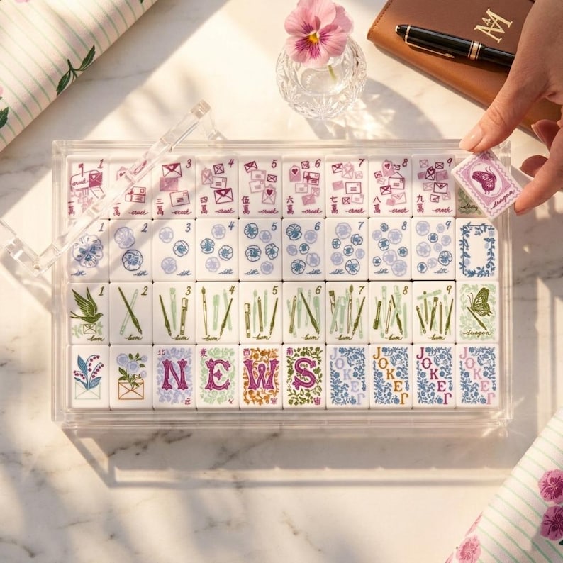 K&ouml;nnte beinhalten: Ein Set wei&szlig;er Mahjong-Spielsteine in einem durchsichtigen Acryltablett mit bunten Illustrationen von Umschl&auml;gen, Blumen, Kunstbedarf und dem Wort NEWS. Ein Spielstein mit einem Schmetterlingsmotiv wird separat &uuml;ber dem Tablett gehalten.