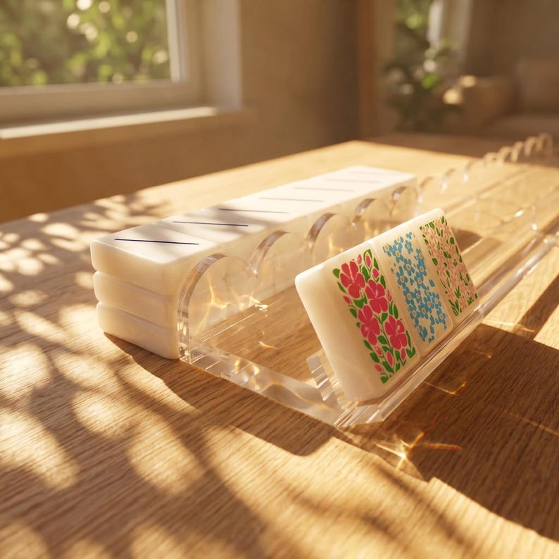 May include: A clear acrylic rack holding a stack of white rectangular tiles. The front-most tiles feature colorful floral patterns in pink, blue, and green. The rack has a curved side profile and is designed to display the tiles in an upright position.