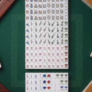 May include: A set of white Mahjong tiles arranged in a grid, featuring various suits including circles, bamboo, and Chinese characters. The tiles display numbers one through nine, directional letters N, E, W, S, floral patterns, and Joker labels.