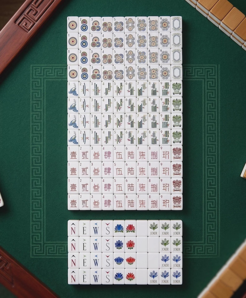 May include: A set of white Mahjong tiles arranged in a grid, featuring various suits including circles, bamboo, and Chinese characters. The tiles display numbers one through nine, directional letters N, E, W, S, floral patterns, and Joker labels.