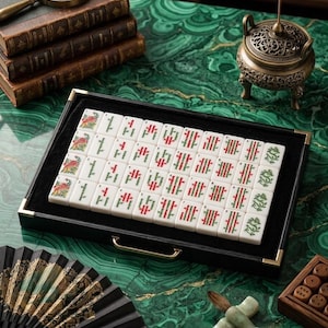 Puede incluir: Un juego de fichas de mahjong rectangulares blancas con s&iacute;mbolos grabados en verde y rojo, dispuestas en una bandeja negra con esquinas y asa de metal dorado. Las fichas presentan varios dise&ntilde;os de bamb&uacute;, caracteres y dragones.