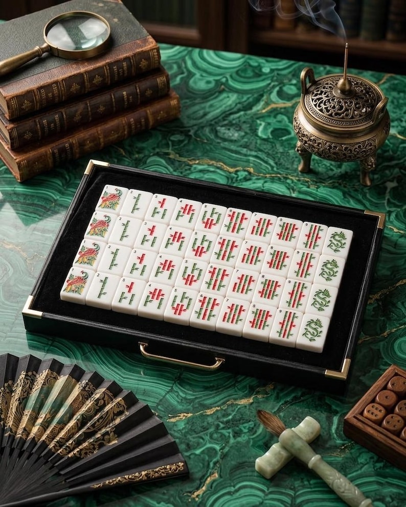 Puede incluir: Un juego de fichas de mahjong rectangulares blancas con s&iacute;mbolos grabados en verde y rojo, dispuestas en una bandeja negra con esquinas y asa de metal dorado. Las fichas presentan varios dise&ntilde;os de bamb&uacute;, caracteres y dragones.