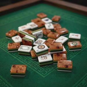 May include: A collection of mahjong tiles featuring a mix of white faces with black and red symbols and brown, green, and white layered sides. The tiles are scattered in a pile, displaying various characters, circles, and patterns on their top surfaces.