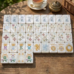 K&ouml;nnte beinhalten: Ein Set rechteckiger Mahjong-Spielsteine mit perlmuttwei&szlig;er Oberfl&auml;che, verziert mit detaillierten, farbenfrohen Gravuren von chinesischen Ziffern, Blumenmustern, Kronen, L&ouml;wen und dem Wort Joker, angeordnet in einem Raster auf Holz.