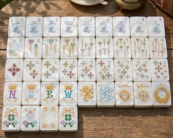 Fichas de Mahjong de nácar / Fichas de Mahjong nacaradas con elaborados diseños florales y de coronas / Fichas acrílicas de primera calidad para herencia familiar