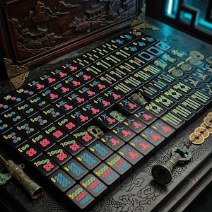 May include: A set of black mahjong tiles arranged in rows, featuring colorful engraved Chinese characters and numeric symbols in red, blue, green, and yellow. The tiles are displayed on a dark, ornate wooden surface with carved details.