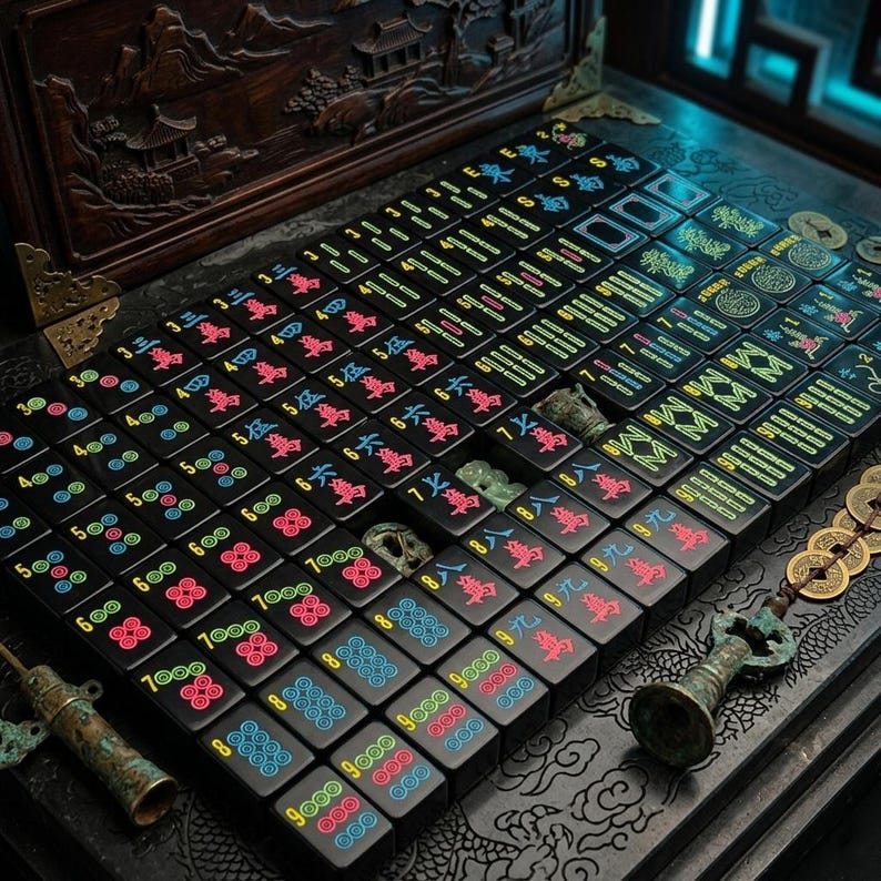 May include: A set of black mahjong tiles arranged in rows, featuring colorful engraved Chinese characters and numeric symbols in red, blue, green, and yellow. The tiles are displayed on a dark, ornate wooden surface with carved details.