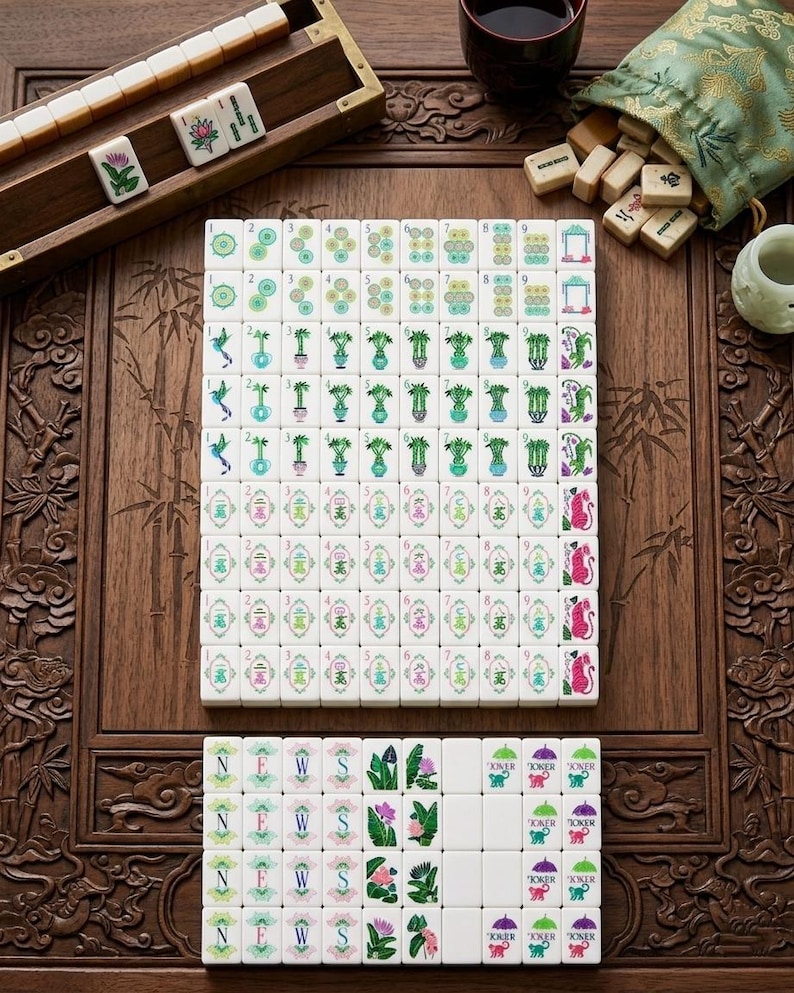 May include: A Mahjong set featuring white tiles with colorful engraved designs including numbers, bamboo stalks, flowers, tigers, and the letters N, E, W, S. The set includes a wooden tile rack, a green fabric drawstring bag, and a small cup.