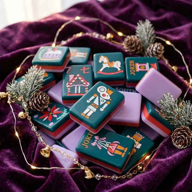 May include: A collection of rectangular mahjong tiles featuring festive holiday illustrations including a nutcracker, a rocking horse, a gingerbread house, and a poinsettia. The tiles have dark green tops with colorful graphics and light purple bases.