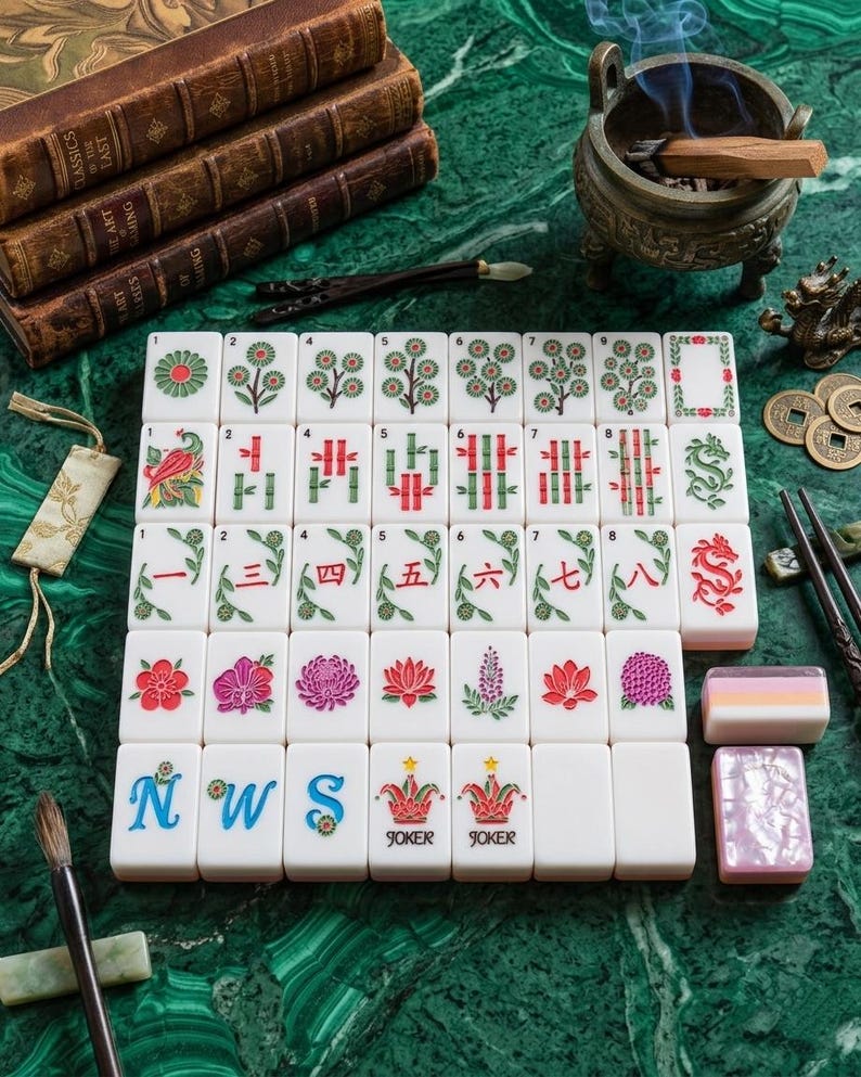 Puede incluir: Un juego de fichas de Mahjong blancas dispuestas en cuadr&iacute;cula, con grabados coloridos de flores, bamb&uacute;, dragones, n&uacute;meros chinos y s&iacute;mbolos de Joker. Las fichas se muestran sobre una superficie verde junto a libros e incienso.