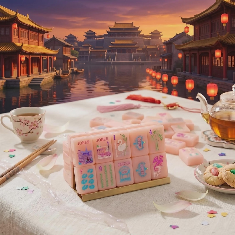 K&ouml;nnte beinhalten: Ein Set hellrosa Mahjong-Steine in einem Halter, verziert mit verschiedenen bunten Illustrationen wie einem Schwan, einem Drachen und dem Wort Joker. Die Steine liegen auf einer wei&szlig;en Tischdecke neben einer Teetasse, einer Glasteekanne und Keksen.