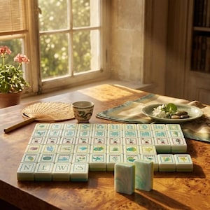 May include: A vintage mahjong set with cream tiles featuring green and blue symbols and the word "NEWS". The set is arranged on a wooden table, alongside a cup, fan, and a small plate with flowers.