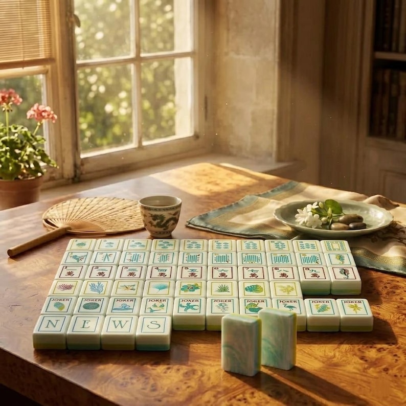 May include: A vintage mahjong set with cream tiles featuring green and blue symbols and the word "NEWS". The set is arranged on a wooden table, alongside a cup, fan, and a small plate with flowers.