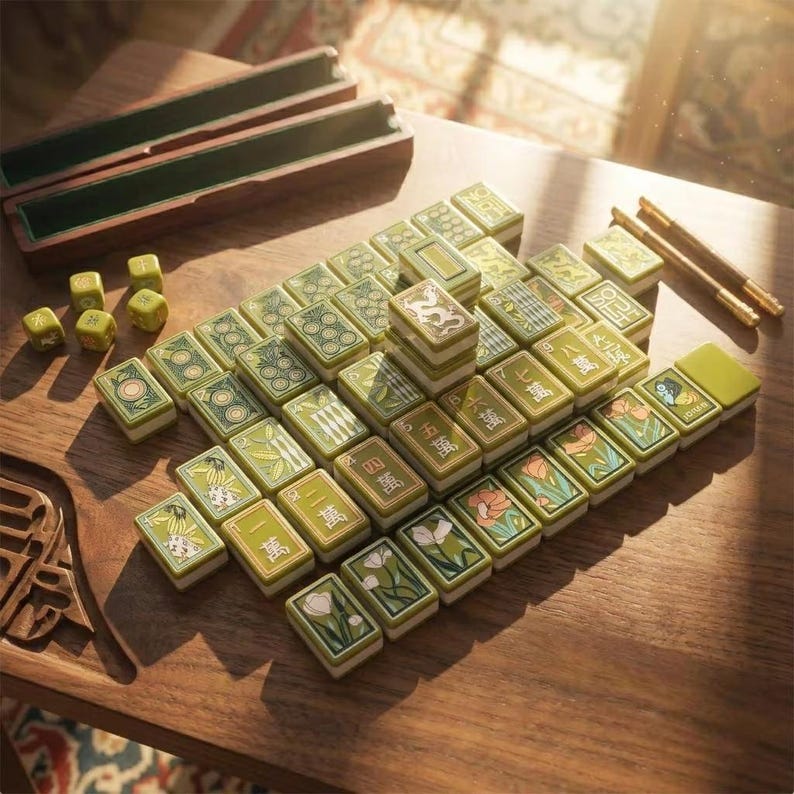 May include: A set of rectangular mahjong tiles featuring green and white designs with floral patterns and Chinese characters. The tiles are arranged on a wooden surface alongside a wooden storage box and two thin wooden sticks.