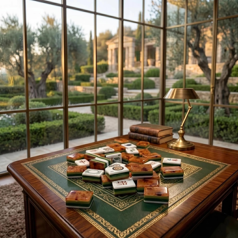 Pode incluir: Uma mesa de jogo de madeira com incrusta&ccedil;&atilde;o de couro verde apresenta um conjunto de pe&ccedil;as de mahjong espalhadas. Um candeeiro de mesa de lat&atilde;o com c&uacute;pula c&oacute;nica e dois livros encadernados em couro est&atilde;o sobre a mesa perto de uma janela.