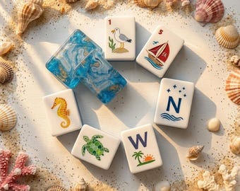 Fichas de Mahjong Oceánico • Mahjong Americano Moderno de Resina • Fichas con Tema Costero de Playa con Comodín de Sirena, Velero y Conchas Marinas