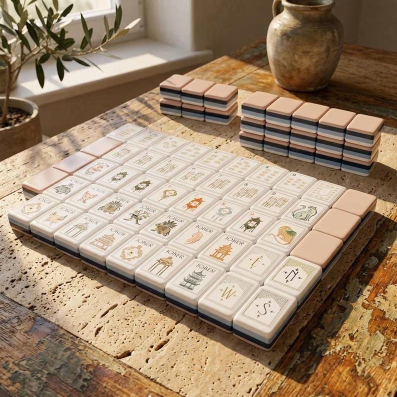 May include: A mahjong set featuring rectangular tiles with cream-colored faces and multi-layered sides in shades of peach, light blue, and dark blue. The tiles display various intricate illustrations, including pagodas, animals, and the word JOKER.