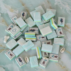 May include: A collection of light blue and white Mahjong tiles with Chinese characters and seahorse illustrations. Some tiles have a marbled effect. The set includes small seashells and a piece of coral.