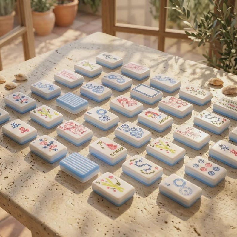 May include: A collection of rectangular mahjong tiles with white faces and light blue sides, featuring various colorful illustrations, symbols, and the word JOKER. The tiles are arranged in a grid pattern on a textured stone surface.