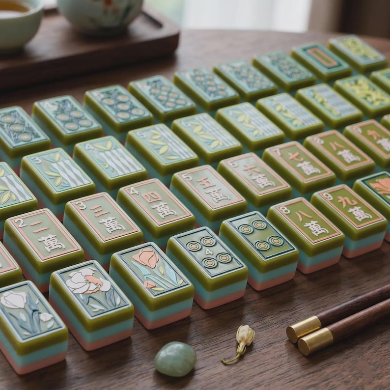 May include: A set of rectangular mahjong tiles featuring green, pink, and blue layered bases with engraved floral patterns, numerical characters, and symbols. The tiles are arranged in rows on a wooden surface alongside two wooden chopsticks.
