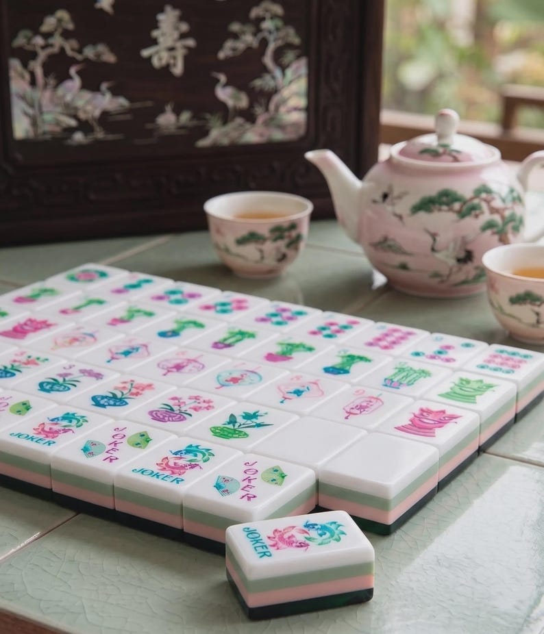 May include: A set of white mahjong tiles with colorful floral and character engravings, including tiles labeled JOKER. The tiles feature a layered design with white, light green, and pink sections, arranged in a grid with one tile placed in front.