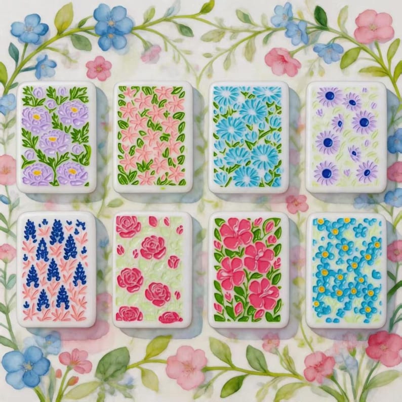 May include: Eight rectangular tiles arranged in two rows, each featuring a unique raised floral pattern. The designs include purple peonies, pink blossoms, blue daisies, purple asters, blue lupines, pink roses, pink hibiscus, and blue forget-me-nots.