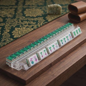 May include: A clear acrylic Mahjong tile rack holding a row of white tiles with green and pink floral and character designs, including tiles marked with the word JOKER, arranged in a long horizontal line on a wooden surface.