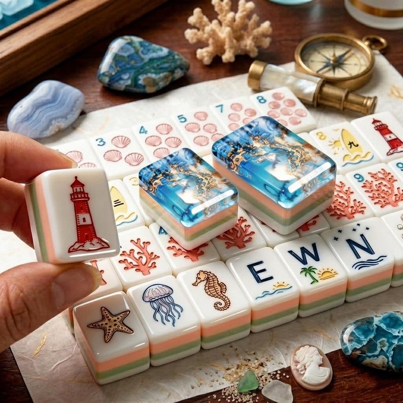 May include: A set of rectangular mahjong tiles featuring nautical and ocean-themed illustrations including a red and white lighthouse, a starfish, a jellyfish, a seahorse, coral, and the letters E, W, and N. Some tiles have blue resin tops.