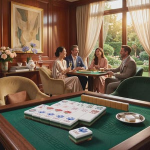 May include: A mahjong set featuring white tiles with blue and red floral designs and the word JOKER printed on them. The tiles are arranged on a green felt surface of a wooden table, with a small metal dish holding a single tile nearby.