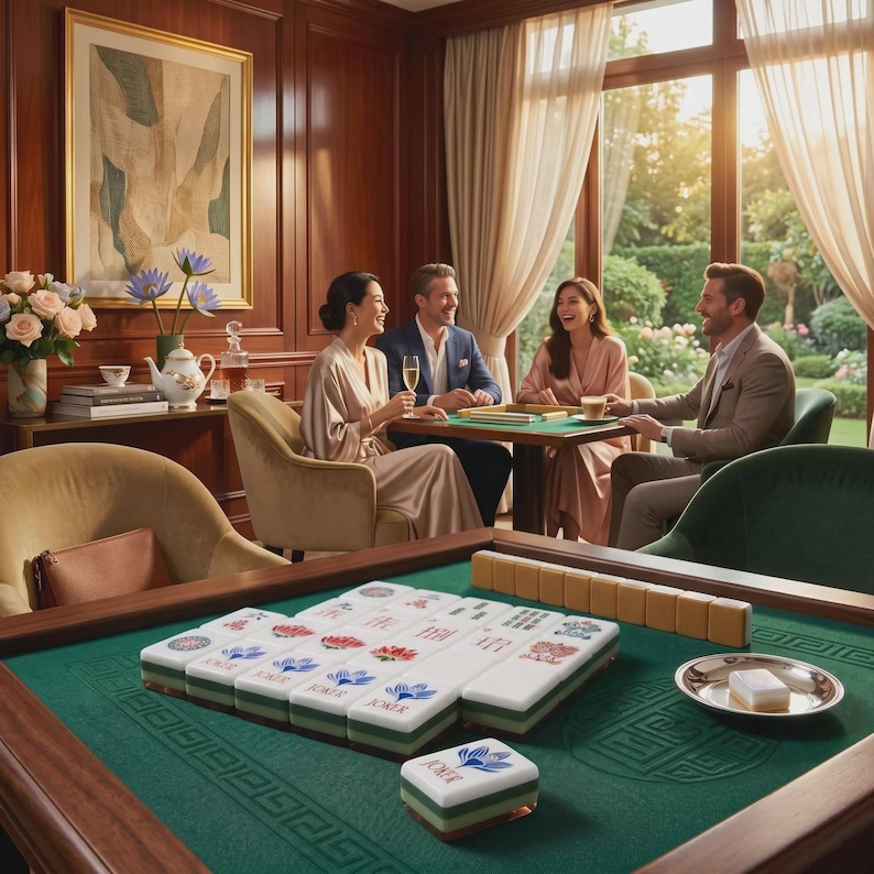 May include: A mahjong set featuring white tiles with blue and red floral designs and the word JOKER printed on them. The tiles are arranged on a green felt surface of a wooden table, with a small metal dish holding a single tile nearby.