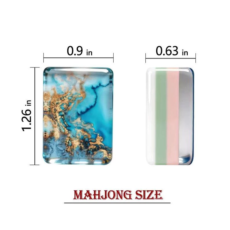 May include: Two rectangular mahjong tiles. The left tile features a blue and gold marbled pattern, measuring 0.9 inches wide by 1.26 inches high. The right tile has vertical stripes of white, green, pink, and silver, measuring 0.63 inches wide.