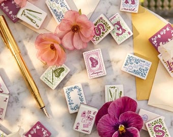 Fichas de Mahjong ilustradas con flores y caligrafía / Fichas acrílicas de Mahjong americano