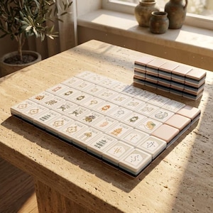 May include: A set of rectangular mahjong tiles with cream-colored faces featuring various black and gold illustrations, including pagodas, animals, and the word Joker. A stack of matching tiles with layered blue, white, and pink edges sits nearby.