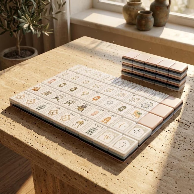 May include: A set of rectangular mahjong tiles with cream-colored faces featuring various black and gold illustrations, including pagodas, animals, and the word Joker. A stack of matching tiles with layered blue, white, and pink edges sits nearby.