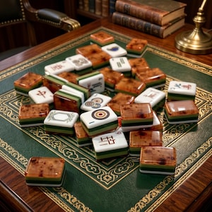 Pode incluir: Um conjunto de pe&ccedil;as de mahjong espalhadas sobre uma superf&iacute;cie de couro verde. As pe&ccedil;as apresentam um design bicolor com uma face superior branca exibindo v&aacute;rios s&iacute;mbolos, caracteres e padr&otilde;es pretos e coloridos, e uma base &acirc;mbar transl&uacute;cida.