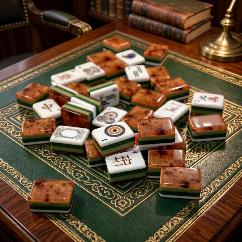 Pode incluir: Um conjunto de pe&ccedil;as de mahjong espalhadas sobre uma superf&iacute;cie de couro verde. As pe&ccedil;as apresentam um design bicolor com uma face superior branca exibindo v&aacute;rios s&iacute;mbolos, caracteres e padr&otilde;es pretos e coloridos, e uma base &acirc;mbar transl&uacute;cida.