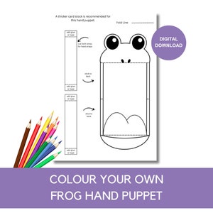 May include: Printable frog hand puppet craft template.  Color your own frog puppet with large eyes and a wide mouth.  Instructions include adding glue or tape to assemble the puppet.