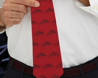 JUMPING SPIDER NECKTIE - Dark Red & Black. Men's or Women's Tie. Perfect for Valentine, Fathers, Birthday, Insect lovers, Entomologists, Dad