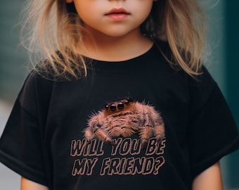 KIDS JUMPING SPIDER Friend Tee. Unisex Cotton Youth TShirt. 6 colors. Cute Pet Spider design for boys/girls, future entomologists, Birthday