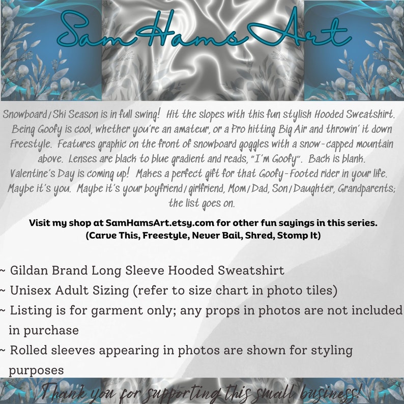 SNOWBOARD GOGGLE Mountain GOOFY Hoodie Sweatshirt. Unisex 6 Colors. Fun