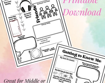 Op de afbeelding: Zwart-wit afdrukbare werkbladen met invulopdrachten voor zelfreflectie. De werkbladen bevatten secties voor favoriete dingen, vrienden en zelfbeschrijving. Tekst bevat "About Me" en "Getting to Know Me".