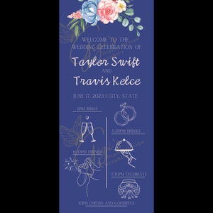 May include: A blue wedding invitation with floral accents and a white outline of a butterfly. The invitation announces the wedding of Taylor Swift and Travis Kelce on June 17, 2023. The invitation lists the times for the ceremony, rings, drinks, dinner, and celebration.