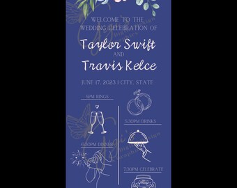 May include: A blue wedding invitation with floral accents and a white outline of a butterfly. The invitation announces the wedding of Taylor Swift and Travis Kelce on 17 June 2023. The invitation lists the times for the ceremony, rings, drinks, dinner, and celebration.