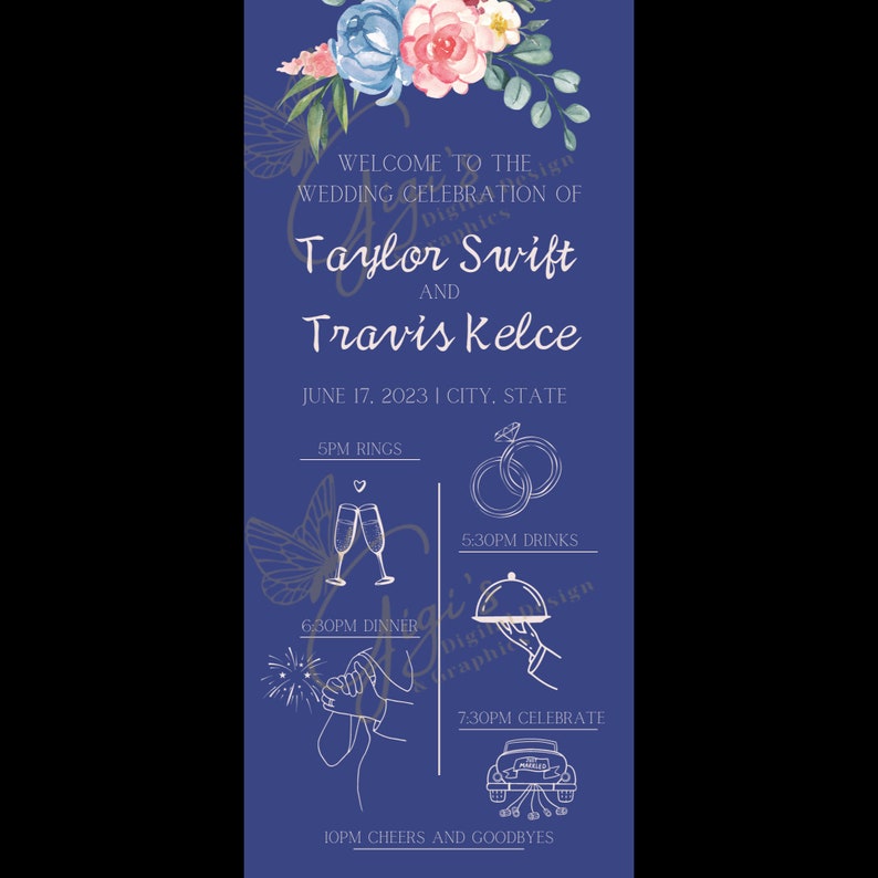 May include: A blue wedding invitation with floral accents and a white outline of a butterfly. The invitation announces the wedding of Taylor Swift and Travis Kelce on June 17, 2023. The invitation lists the times for the ceremony, rings, drinks, dinner, and celebration.